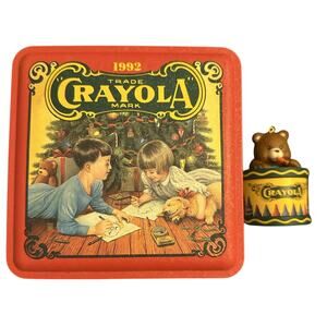 Crayola Tin Vintage 1992 Christmas W/ Crayon Box/Bear Ornament NEW (No crayons)